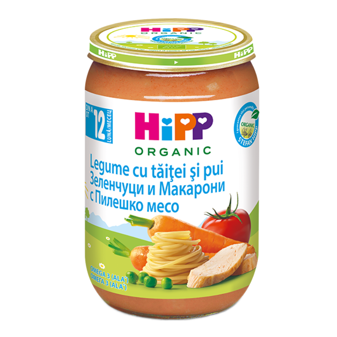 Piure legume cu taietei si pui, de la 12 luni, 220g, Hipp