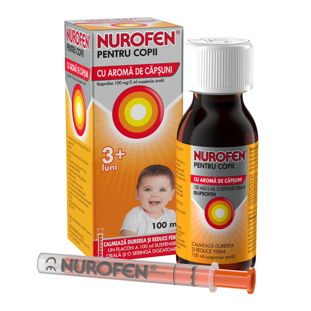 Nurofen sirop cu aroma de capsuni pentru copii 3+ luni, 100 mg/5 ml, 100 ml, Reckitt