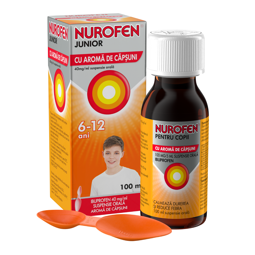 Nurofen Junior sirop cu aroma de capsuni, 6-12 ani, 40mg/ml, 100 ml, Reckitt