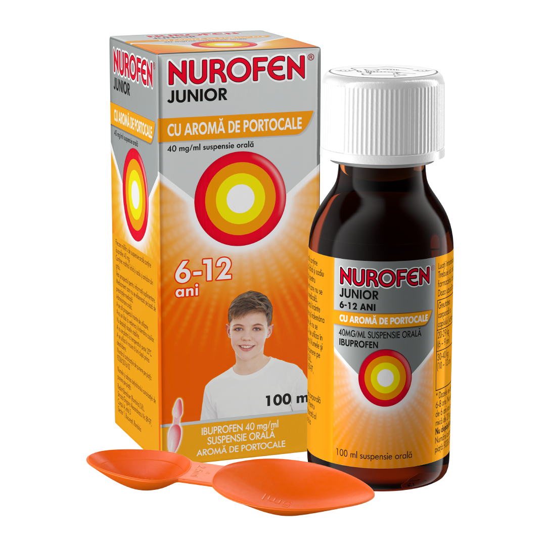 Nurofen Junior sirop cu aroma de portocale, 6-12 ani, 40mg/ml, 100 ml, Reckitt