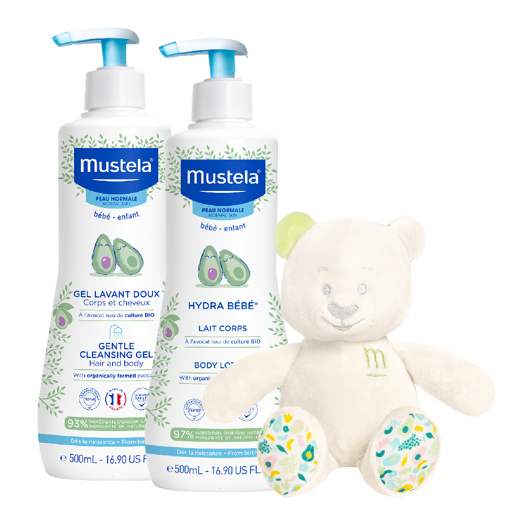 Pachet Ursulet, Gel de curatare delicat pentru par si corp si Lotiune de corp Hydra Bebe, 500 ml, Mustela