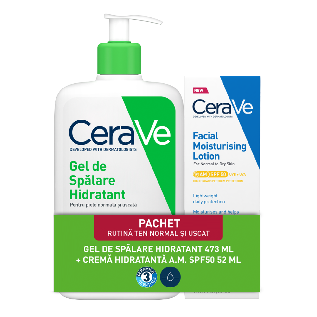 Pachet Gel de spalare hidratant, 473 ml + Crema hidratanta pentru fata cu SPF50, 52 ml, CeraVe