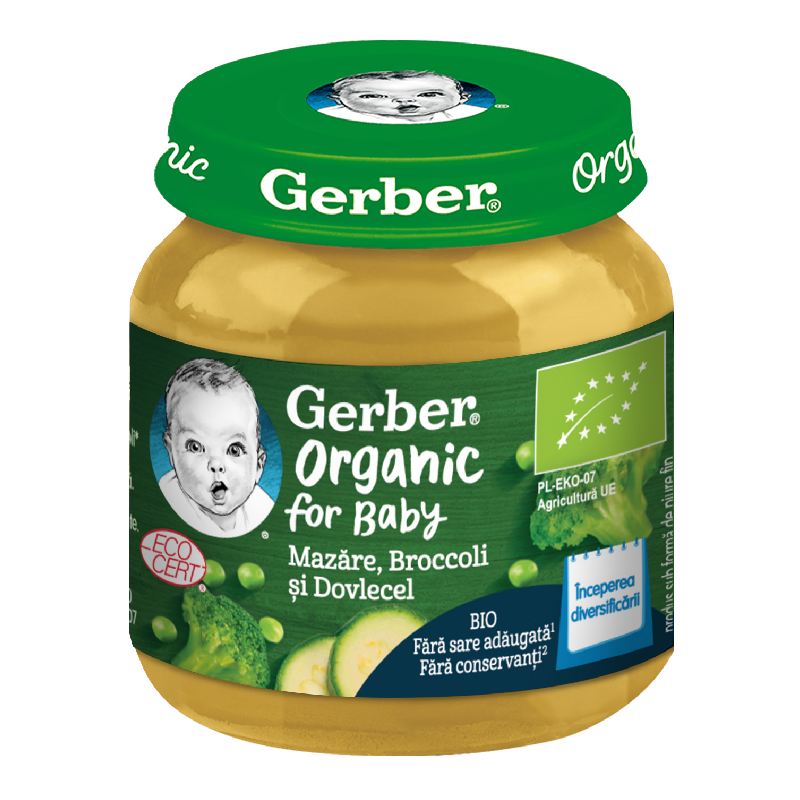 Piure bio din Mazare, Broccoli si Dovlecel, 125g, Gerber
