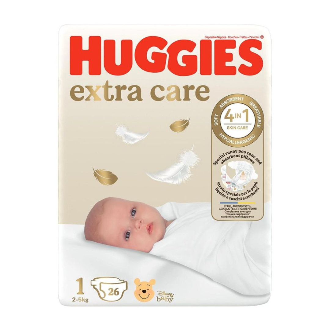 Scutece Extra Care Marimea 1, 2-5 kg, 26 bucati, Huggies