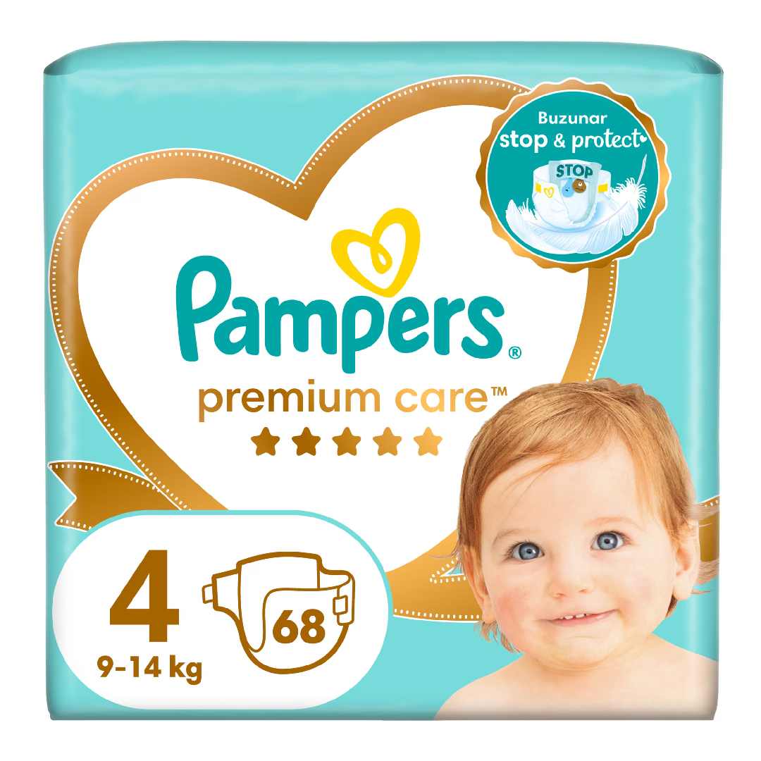 Scutece Premium Care, marimea 4, 9-14 kg, 68 bucati, Pampers