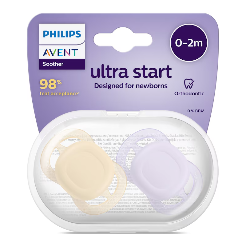 Suzete Ultra Start, 0-2 luni, SCF075/11, Mov/Portocaliu, 2 bucati, Philips Avent