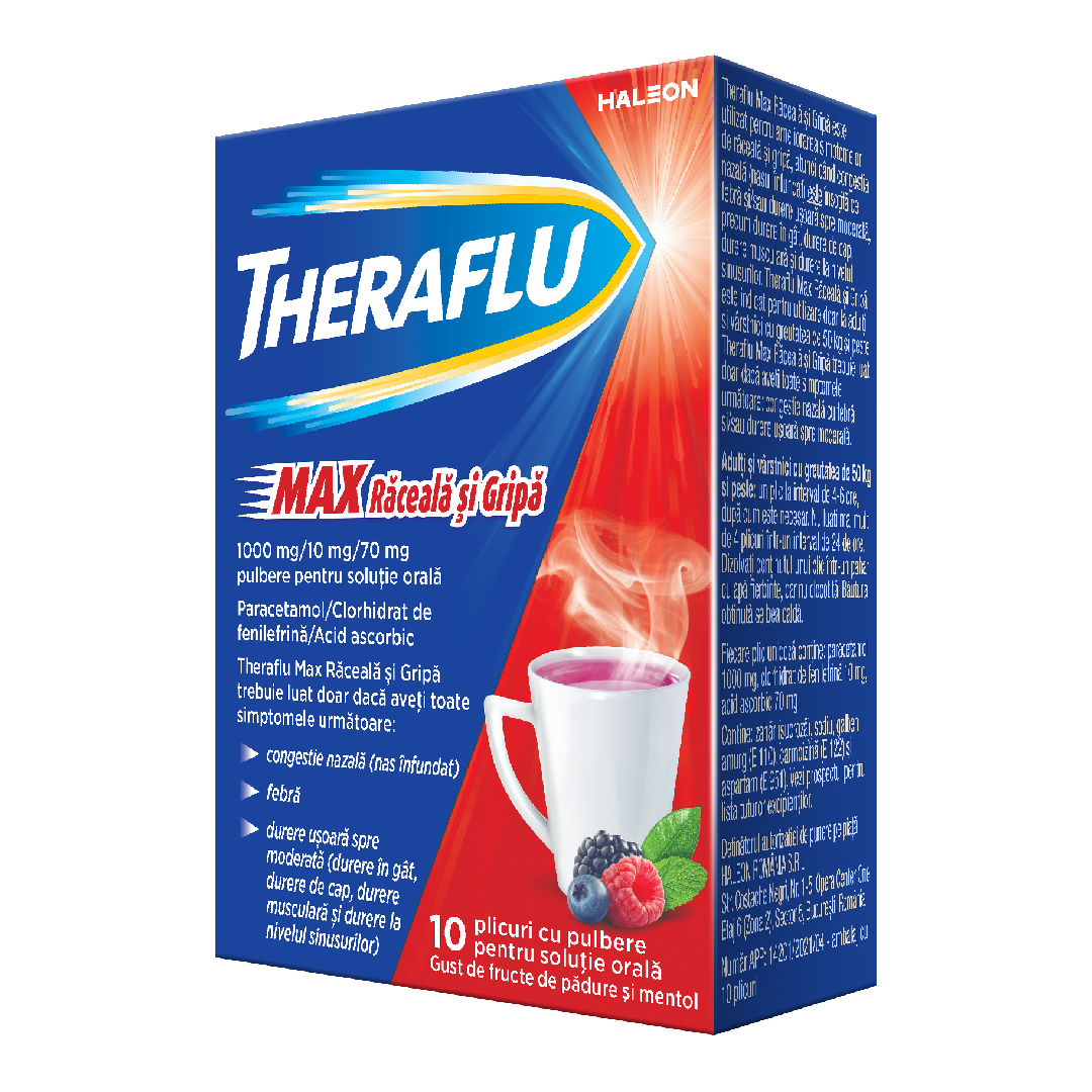 Theraflu Max Raceala si Gripa, 1000 mg/10 mg/70 mg pulbere pentru solutie orala, 10 plicuri, Haleon