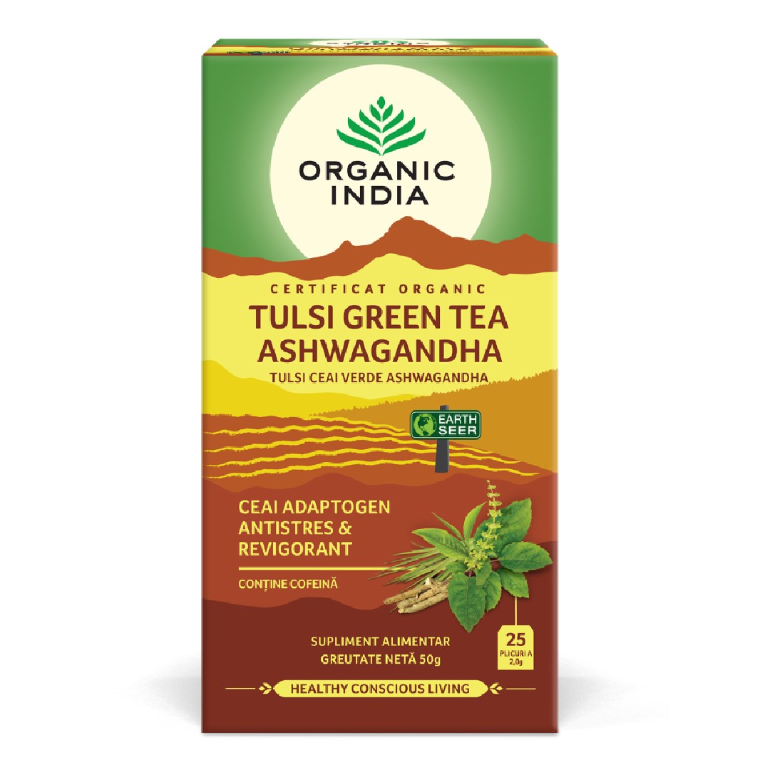 Ceai Bio Tulsi Ashwagandha si Ceai Verde, 25 plicuri, Organic India