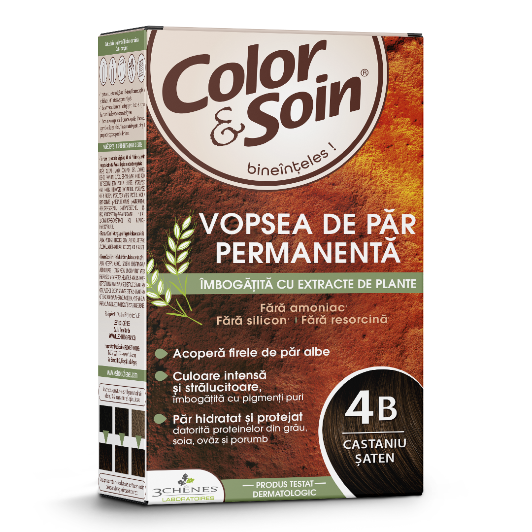 Vopsea de păr fără amoniac, fără silicon, castaniu șaten, 4 B, Color&Soin