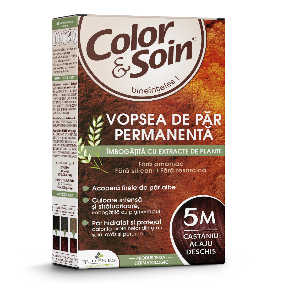 Vopsea de par fara amoniac, fara silicon, castaniu acaju deschis, 5M, Color&Soin