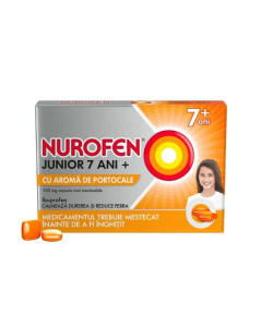 Nurofen Junior 7 ani+ cu aroma de portocale 100 mg, 12 capsule moi