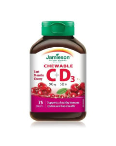 Jamieson Vitamina C 500 mg + D 500UI masticabila, aroma cirese, 75 tablete
