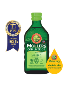 Moller`s Cod liver oil Omega-3 aroma de mere verzi, 250 ml