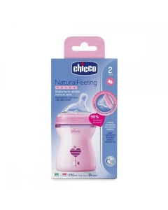CHICCO Biberon Natural Feeling, plastic, ROZ, 2 luni +,  250 ml, tetină silicon, flux mediu