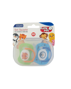 Primii Pasi JP1103 - Set 2 suzete silicon, pinguin-tigru si maimuta-pui, 0-6L