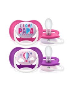 AVENT Suzete SCF 080/04, ultra air 6-18 luni, I love papa, roz/mov, 2 suzete