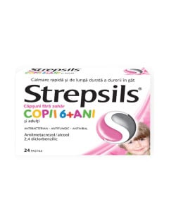 Strepsils cu aroma de capsuni fara zahar copii 6+ ani, 24 pastile