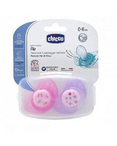CHICCO Suzetă silicon Physio air, formă anatomică, 0-6 luni, fată/girl, 2 bucăți
