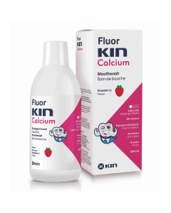 Apa de gura pentru copii cu aroma de capsuni, Fluor Kin Calcium, 500 ml, Kin