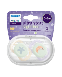 Suzete Ultra Start de noapte, Mov/Portocaliu, SCF075/07, 0-2 luni, 2 bucati, Philips Avent