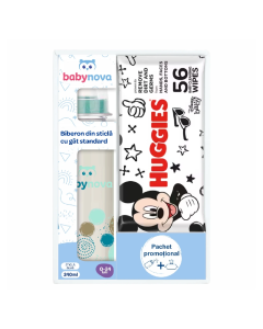 Pachet Biberon din sticla Baby Nova + Servetele umede Huggies Disney