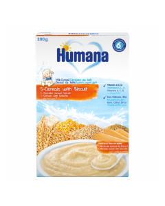 Cereale cu lapte, cu 5 cereale si biscuiti, 200 gr, Humana