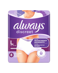 Chiloti pentru incontinenta urinara Discreet Plus, 6 picaturi, marimea L, 8 bucati, Always
