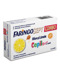Faringosept Combo Miere si Lamaie, copii 6+ si adulti, 0,6 mg/1,2 mg, 12 pastile, Terapia