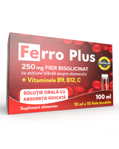 Ferro Plus 250mg Fier Biscglicinat, 10 fiole buvabile, Justin Pharma