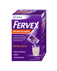 Fervex Raceala si Gripa pentru adulti, 500mg/200mg/25mg, 8 plicuri, Upsa