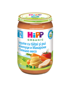 Piure legume cu taietei si pui, de la 12 luni, 220g, Hipp