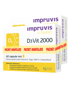 Pachet Vitamina D3 2000 U.I. D3Vit, 2*60 capsule moi, Impruvis