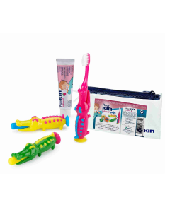 Pachet de calatorie pentru copii cu pasta si periuta de dinti Crocodil, diverse culori, 1 set, Kin