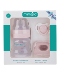 Set roz pudrat, biberon*150ml, suzeta si cutie de depozitare, Mamajoo