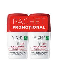 Pachet Deodorant roll-on antiperspirant Clinical Control 96H, 50 ml + 50 ml, Vichy