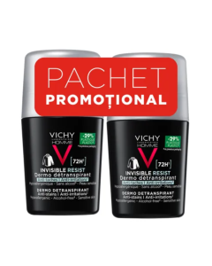 Pachet Deodorant roll-on antiperspirant pentru barbati Invisible Resist 72H, 50 ml + 50 ml, Vichy