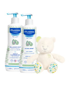 Pachet Ursulet, Gel de curatare delicat pentru par si corp si Lotiune de corp Hydra Bebe, 500 ml, Mustela