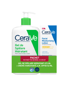 Pachet Gel de spalare hidratant, 473 ml + Crema hidratanta pentru fata cu SPF50, 52 ml, CeraVe