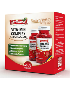 Pachet Vita-Min Complex C+D3+Zn+Se+Mg, 60+30 capsule, AdNatura