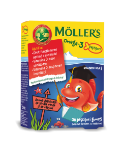 Pestisori gumati cu Omega 3 si aroma de lamaie verde si capsuni, 36 jeleuri, Moller's