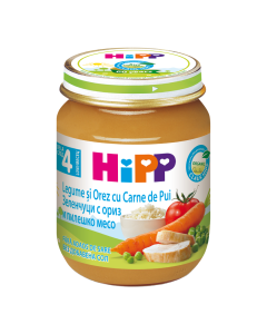 Piure legume cu orez si pui, de la 4 luni, 125g, Hipp