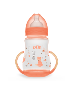Biberon cu gura larga, desen si manere, piersica, +6luni, 250ml, PUR 