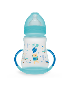 Biberon cu gura larga, desen si manere, verde, +6luni, 250ml, PUR 