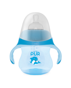 Biberon cu manere tip delfin, albastru, 230ml, PUR 