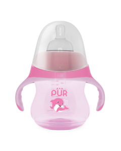 Biberon cu manere tip delfin, roz, 230ml, PUR 