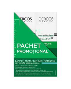 Pachet Sampon anti-matreata pentru par normal-gras Dercos, 2*200 ml, Vichy