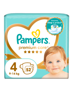 Scutece Premium Care, marimea 4, 9-14kg, 52 bucati, Pampers 