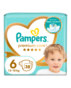 Scutece Premium Care, marimea 6, 15+kg, 38 bucati, Pampers 