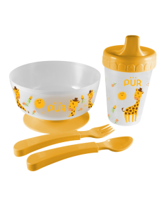 Set pentru masa bol cu tacamuri si cana, galben, +6 luni, PUR