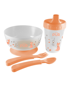 Set pentru masa bol cu tacamuri si cana, portocaliu, +6 Luni, PUR